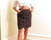 Vintage Cotton Print Skirt in Black with Pink Roses and Button Down Front Closure