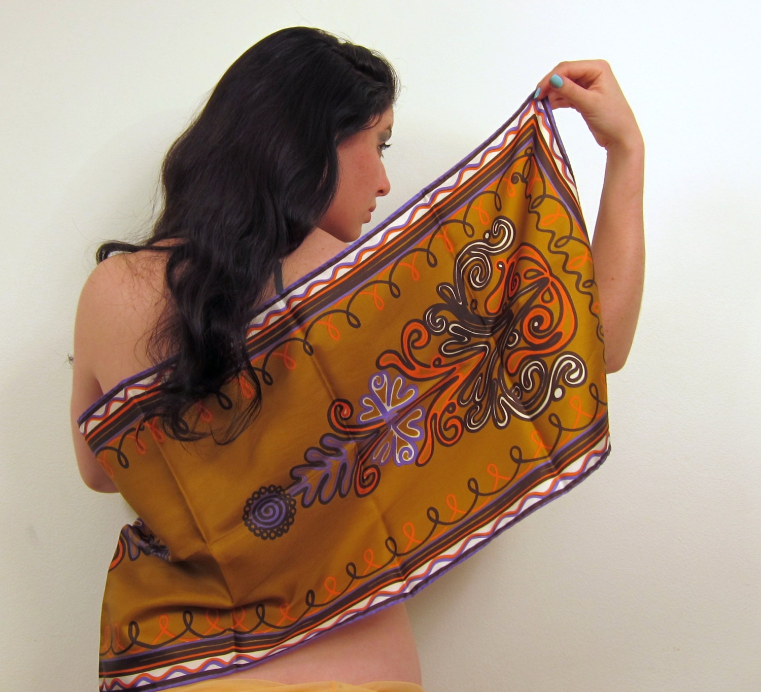 Vintage 1960s Vera Scarf in Gold Blue Orange White Black Stylized Trees and Swirls