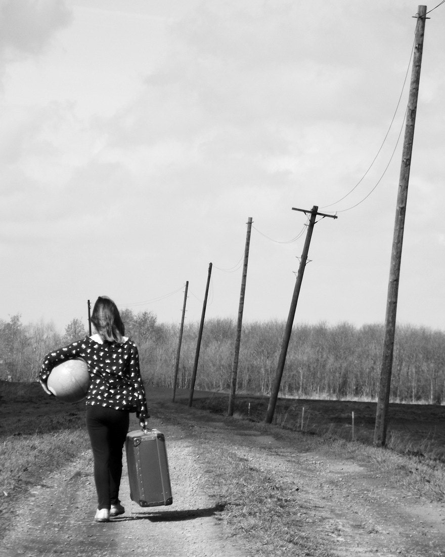Black and White Travel Photography Girl Adventure Suitcase Globe 8x10 Print She'll Go Far...