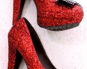 Custom Decorated Ruby Red Slippers Inspired by Dorothy from The Wizard of Oz Red Glitter Heels with Black Bow on Toe Sz 8.5