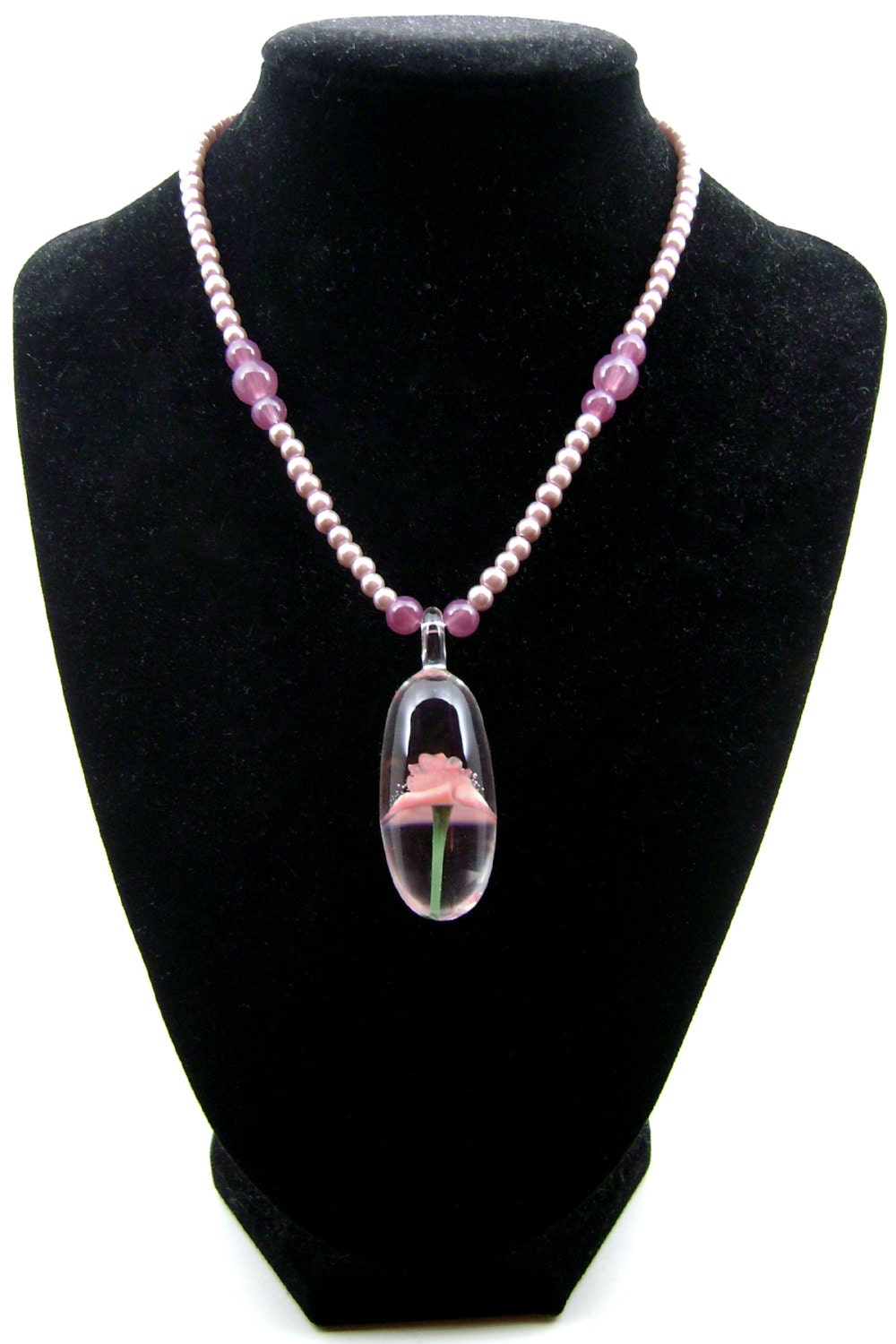 Flameworked Glass Scarlet Pink Stemmed Rose Necklace