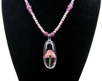 Flameworked Glass Scarlet Pink Stemmed Rose Necklace