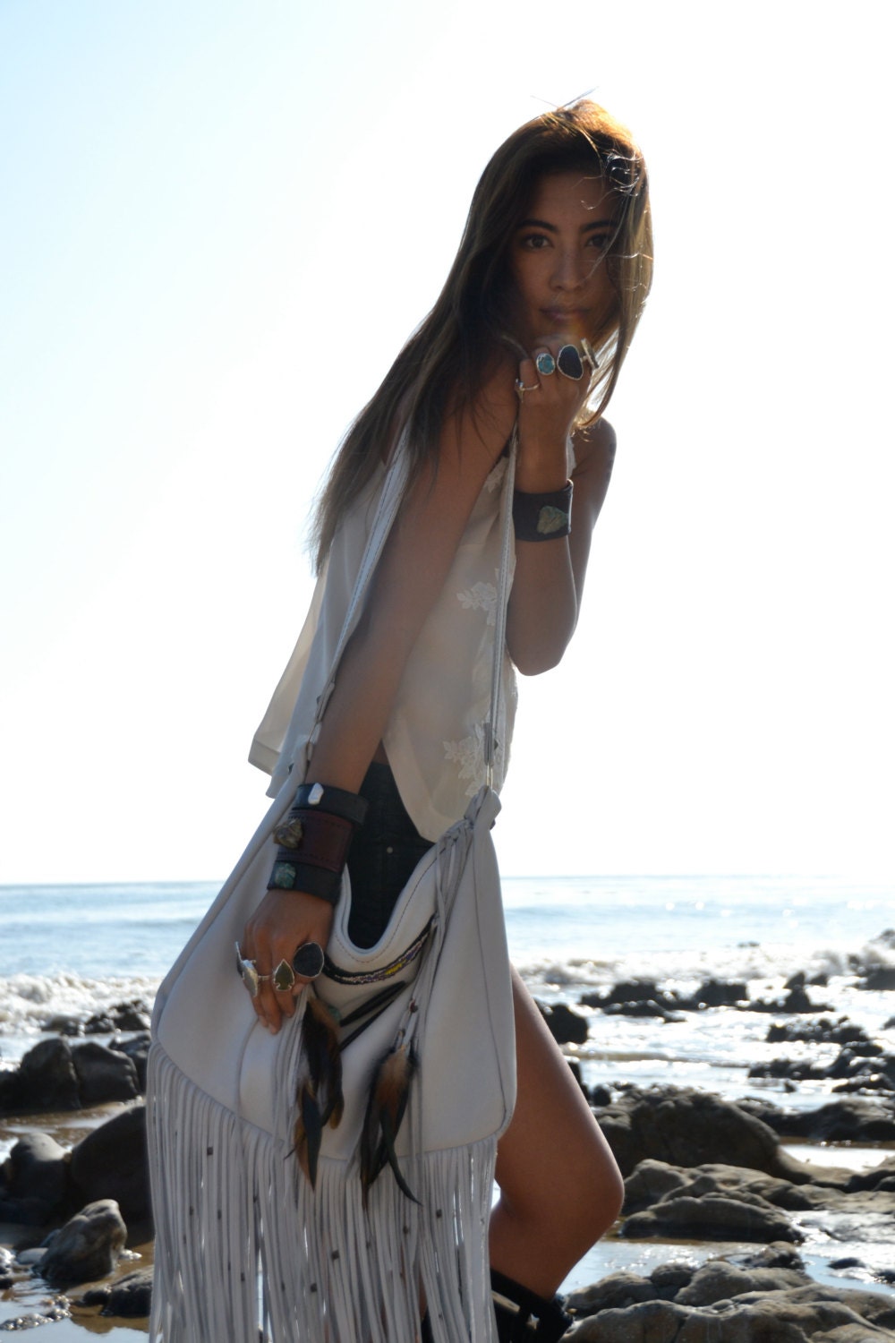 NATIVE NOMAD Weekend/Tote Boho Bag /// Bone, Black or Red /// Large Leather Fringe Tote Tribal Bag/// Made to order