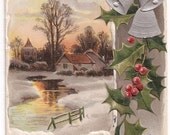 A Merry Christmas Country Cottage by the Stream Antique Postcard Postmarked 1908 - Silver Bells and Holly Leaves Snow Border
