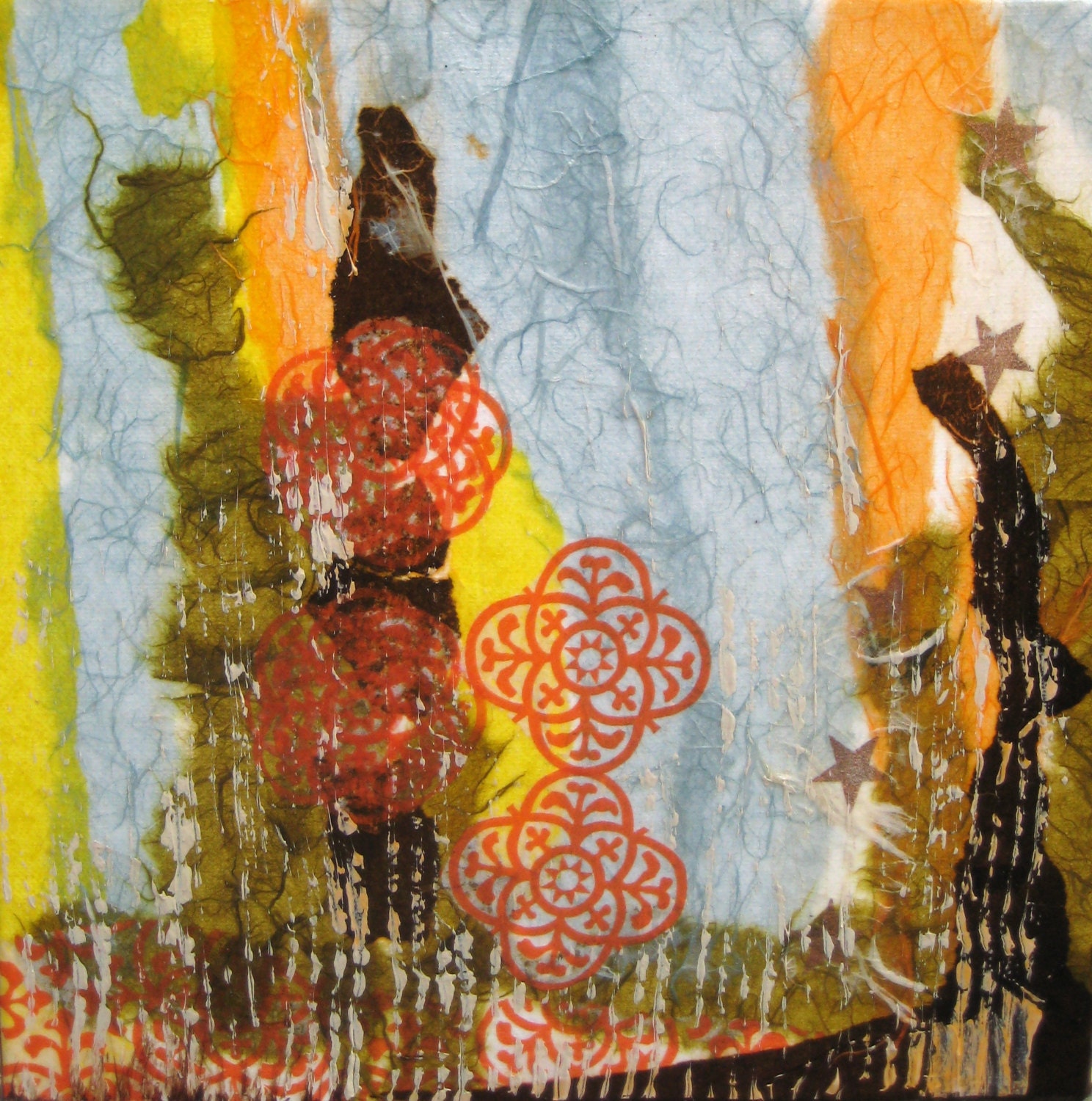ABSTRACT COLLAGE Original-10"x10" blue yellow brown by devikasart