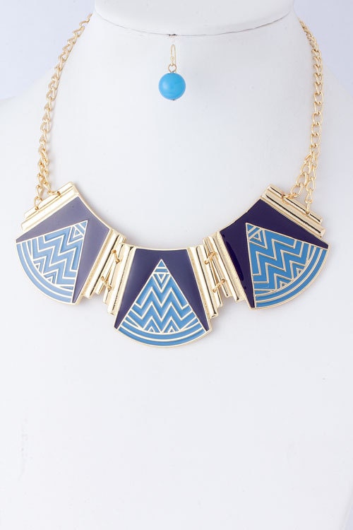 Tribal Aztec Geometric Print Statement Necklace Blue