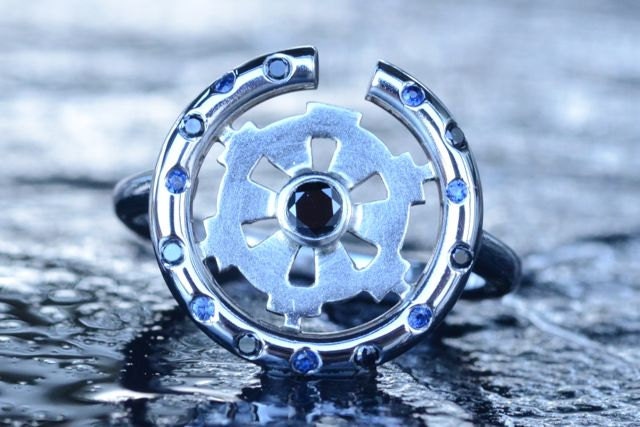 14K White Gold Star Wars Imperial Insignia Inspired Engagement Ring set with Black Diamonds and Blue Sapphires, Made To Order