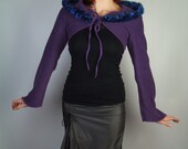 Purple Cropped Jacket, Fleece, Cardigan, Hood, Women, Fur Hooded Bolero, Faux Fur, Blue, Pixie, Ladies Crop Shrug, Size Medium, M, OOAK