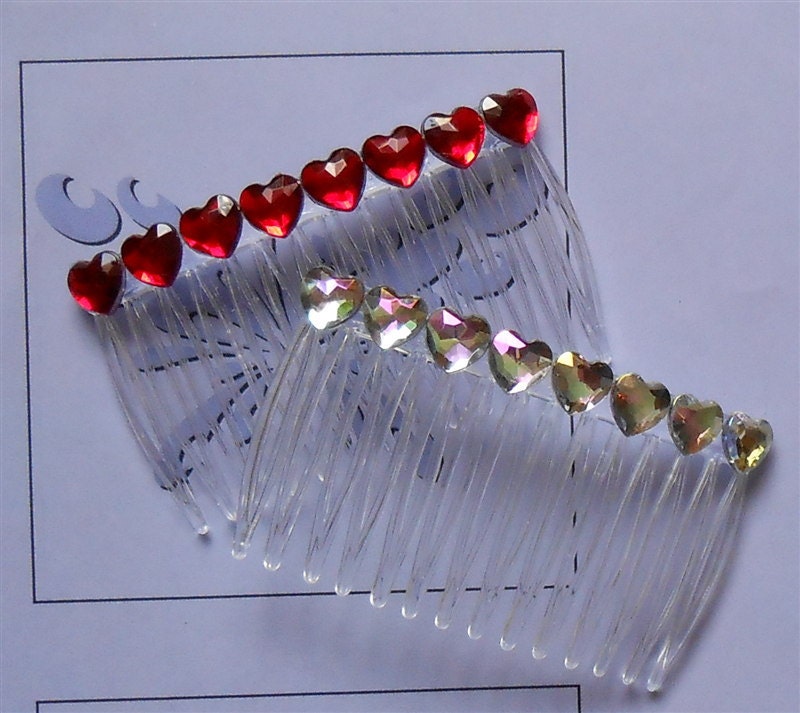 Heart Hair Combs, Red or AB Crystal Rhinestone -  Heart Hair Accessory