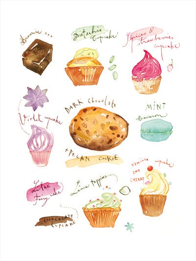 Cake poster Cupcakes Cookie Macaroon Watercolor illustration Kitchen print Food art Bakery Pink