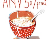 Any 5X7 fine art print, Kitchen art, Watercolor food illustration