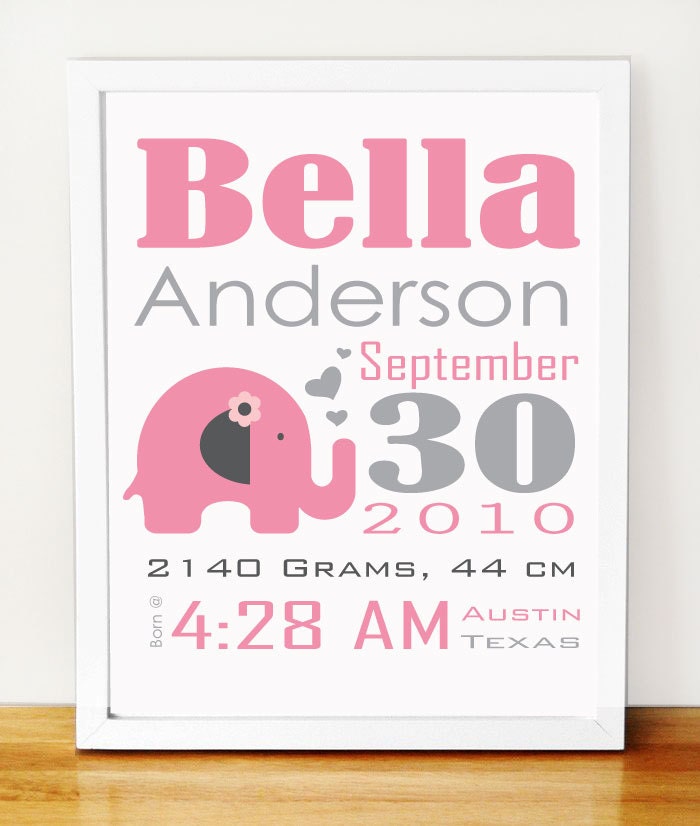 Baby Elephant Birth Announcement, pink and grey nursery wall print A277 Il_170x135