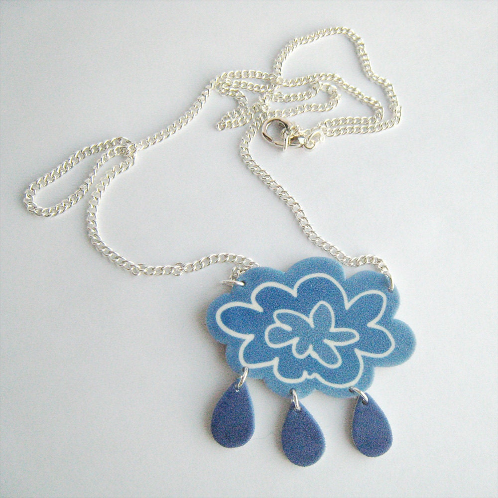 Rainy Cloud Shrinky Plastic blue necklace on a silver chain