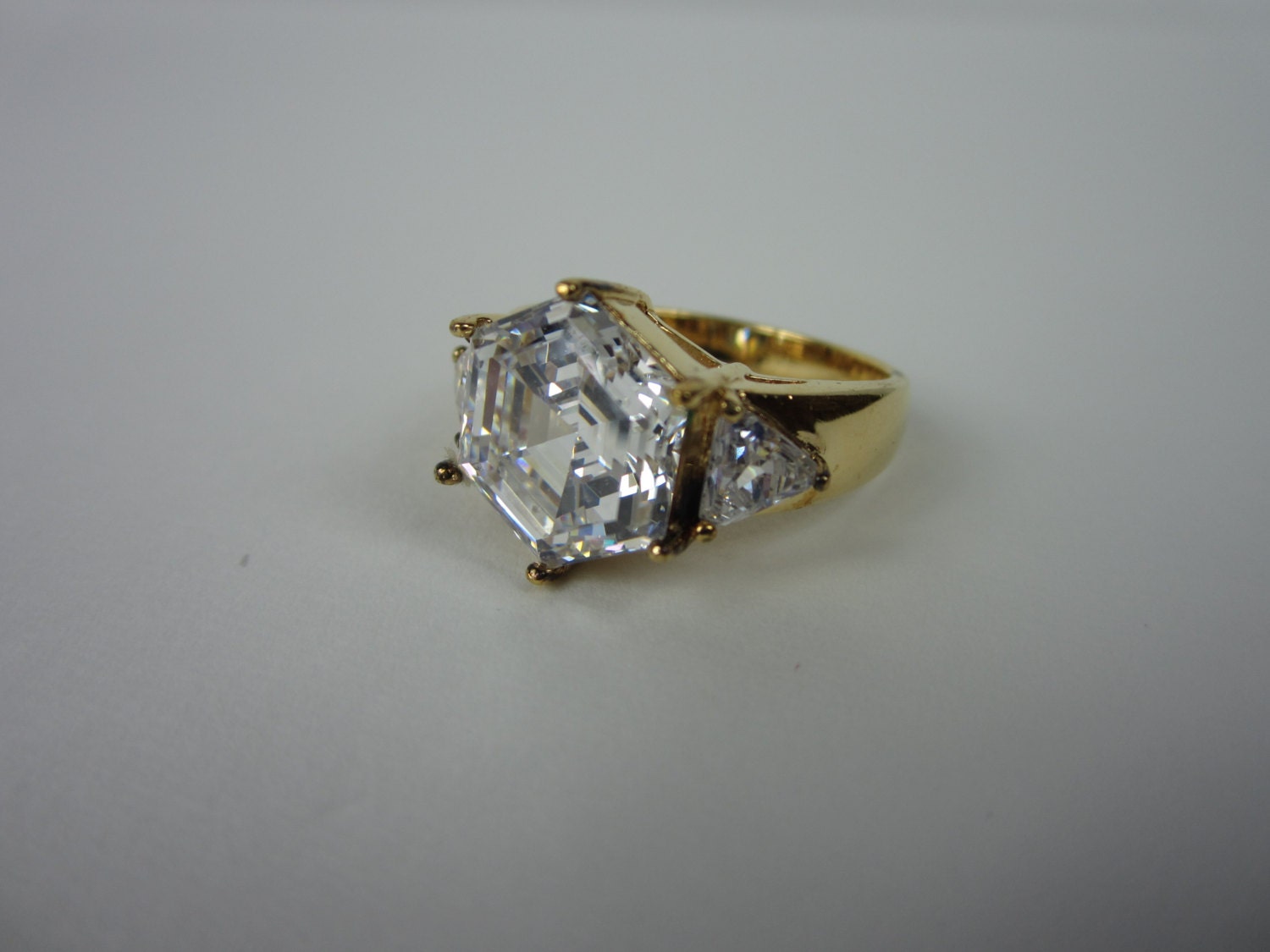 Vintage Sterling Silver Ring. Massive Octagonal Stone. 3 Stone Ring Gold over Sterling