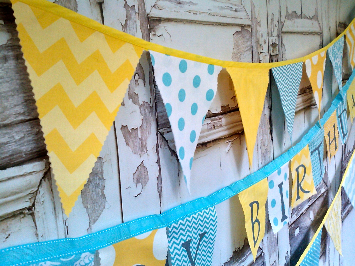 Bunting Flags Yellow Aqua White Chevrons Dots Modern Fabrics Party Decoration Il_170x135