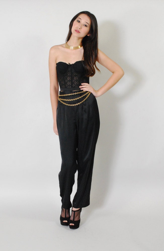 Vintage Satin Pants 70s High Waist Disco Designer Silky Lilli Diamond Designer Disco Slacks Trousers Pants S
