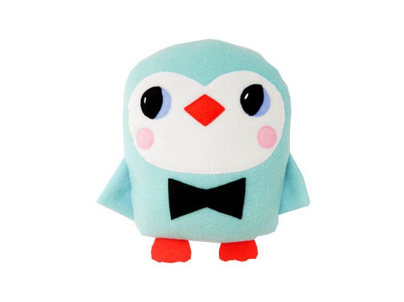 MADE TO ORDER - mint penguin plush softoy - with a black bowtie - in fleece - by onelittleredfox