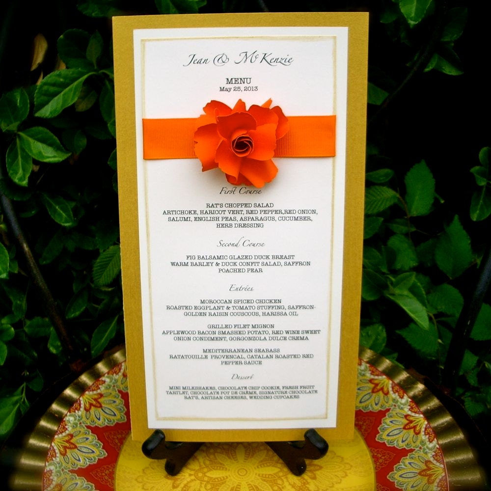 Wedding Menu Cards Embellished with The Rose Handmade Paper Flowers - Custom Colors - Pack of 10 - Made To Order