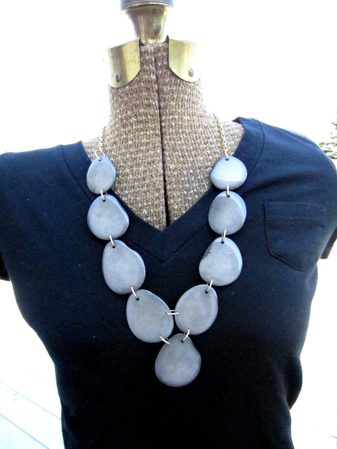 Gray TAGUA NUT Necklace - Big BOLD Statement necklace - Bib - vegetable ivory - grey - eco-friendly - charity