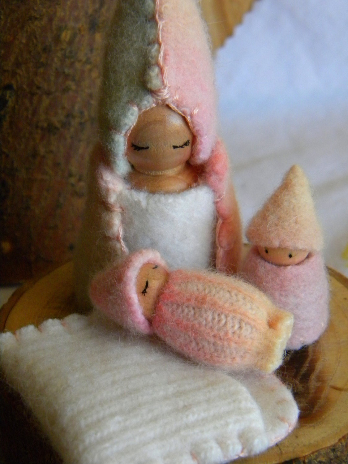 Waldorf Gnome Mother & Baby, sleeping pouch, heart, Waldorf Toy, hand dyed wool, rainbow, pink, peach, white, lavender, yellow