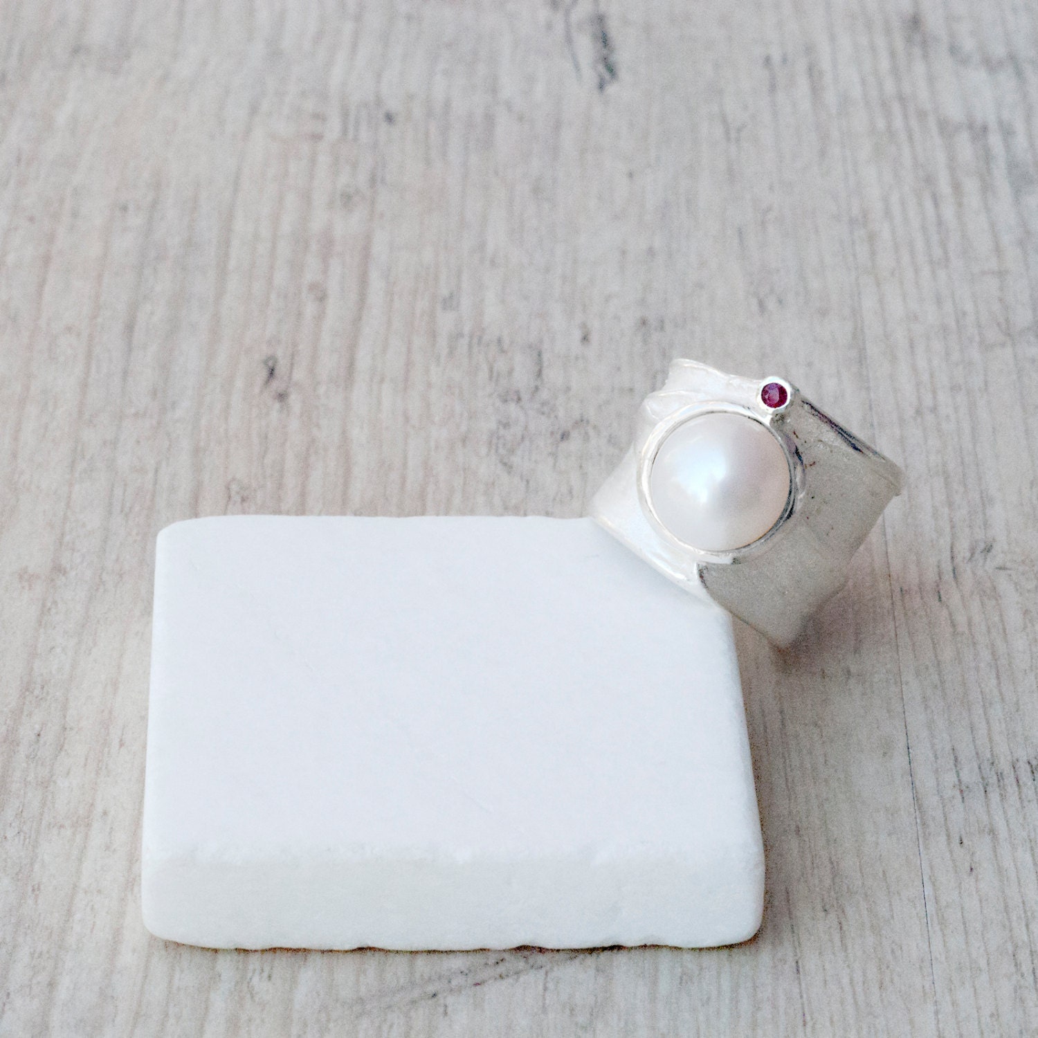 Big Sterling Silver Ring, White Pearl Red Ruby Ring, June Birthstone, Statement Ring, Glamorous Bijoux, Wearable Art, Santorini Wedding