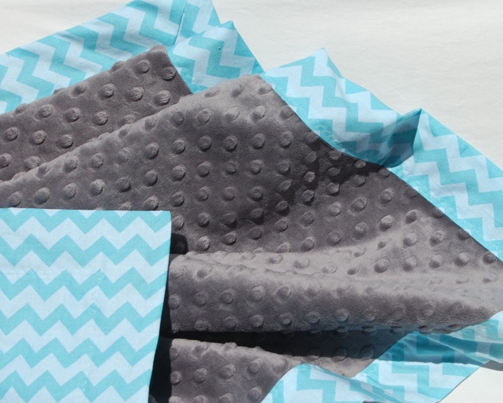 Gray and Aqua Blue baby Blanket - Minky Baby Blanket - Aqua Chevron with Dark Gray dimple dot minky - Small Chevron -Ready to Ship