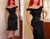 GORGEOUS 1950's Inky Black Silk w/ Iridescent Lurex Swirls Hourglass Cha Cha Wiggle Cocktail Dress w Chiffon Ruffle Neckline & Hem - VLV - L