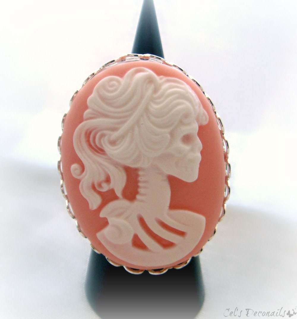 Skeleton lady cameo ring, gothic jewelry, adjustable ring