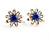 Vintage Blue Flower Rhinestone Clip On Earrings - Gold Tone Glass Screw Back Costume Jewelry / Icey Blue