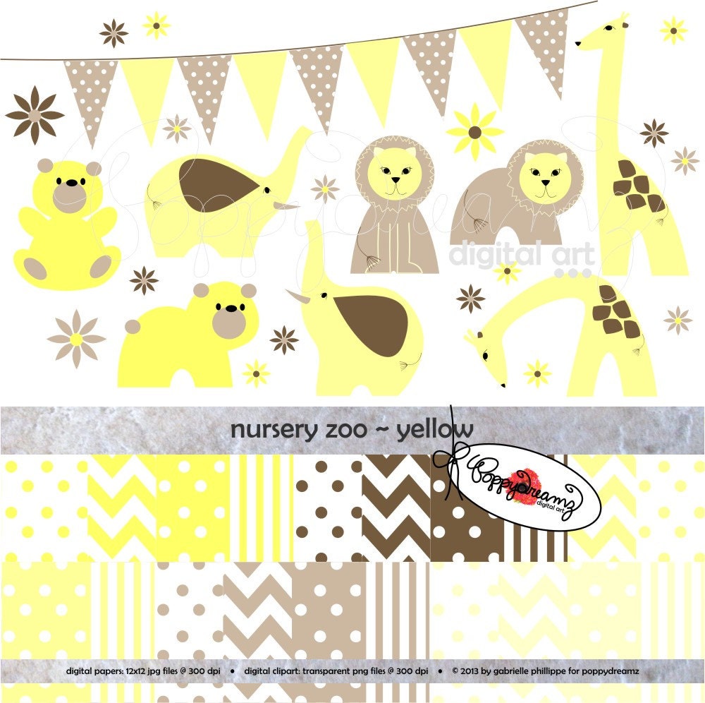 Nursery Zoo Yellow: Clip Art and Paper Pack (300 dpi transparent png) Baby Shower Neutral Baby Boy Girl Clipart Zoo Elephant Bear Giraffe