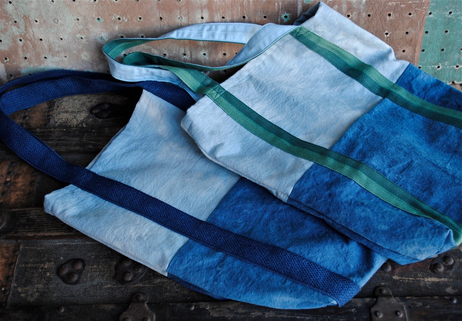 Natural Indigo Sea and Sky Large Tote Bag with Pockets and Vintage Brass Details