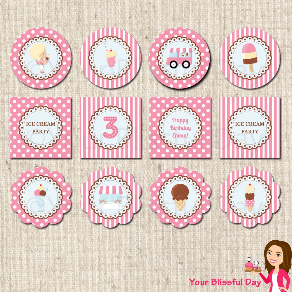 PRINTABLE Girl Ice Cream Party Circles (Character of your choice) Il_570xn
