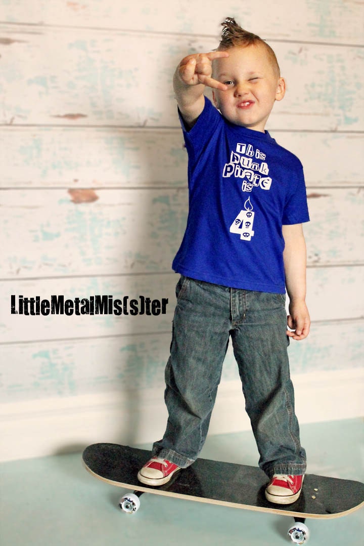 4 year Punk Pirate Boy Birthday party shirt for punk rocker / alternative / heavy metal skull bday toddler boy in royal blue Size 3X