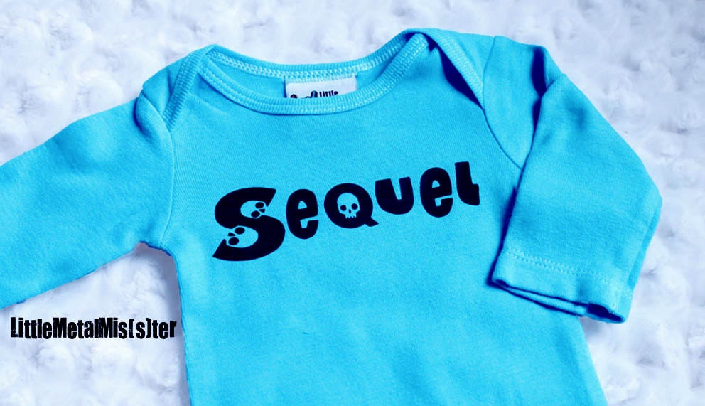 Sequel - Black skulls on turquoise / blue teal newborn onesie Punk rocker alternative heavy metal clothes long sleeve onsie. shower gift