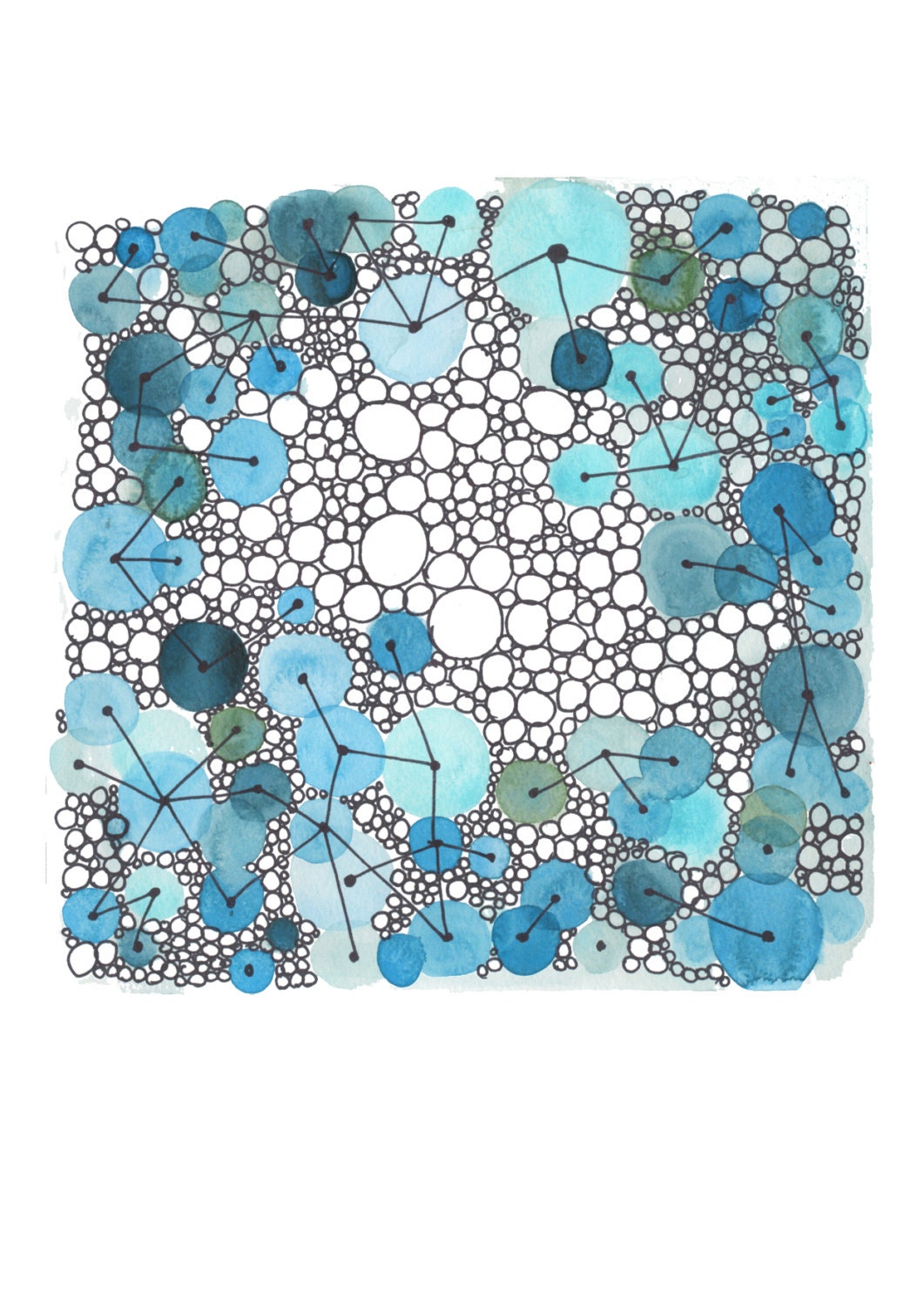 Blue Bubbles print giclee from drawing - circles connected by geometric lines turquoise black white