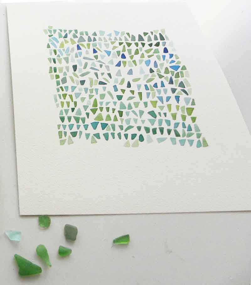 Falling to pieces Green blue Sea glass Abstract Watercolor painting beach finds ombre Home decor 9 x 12"