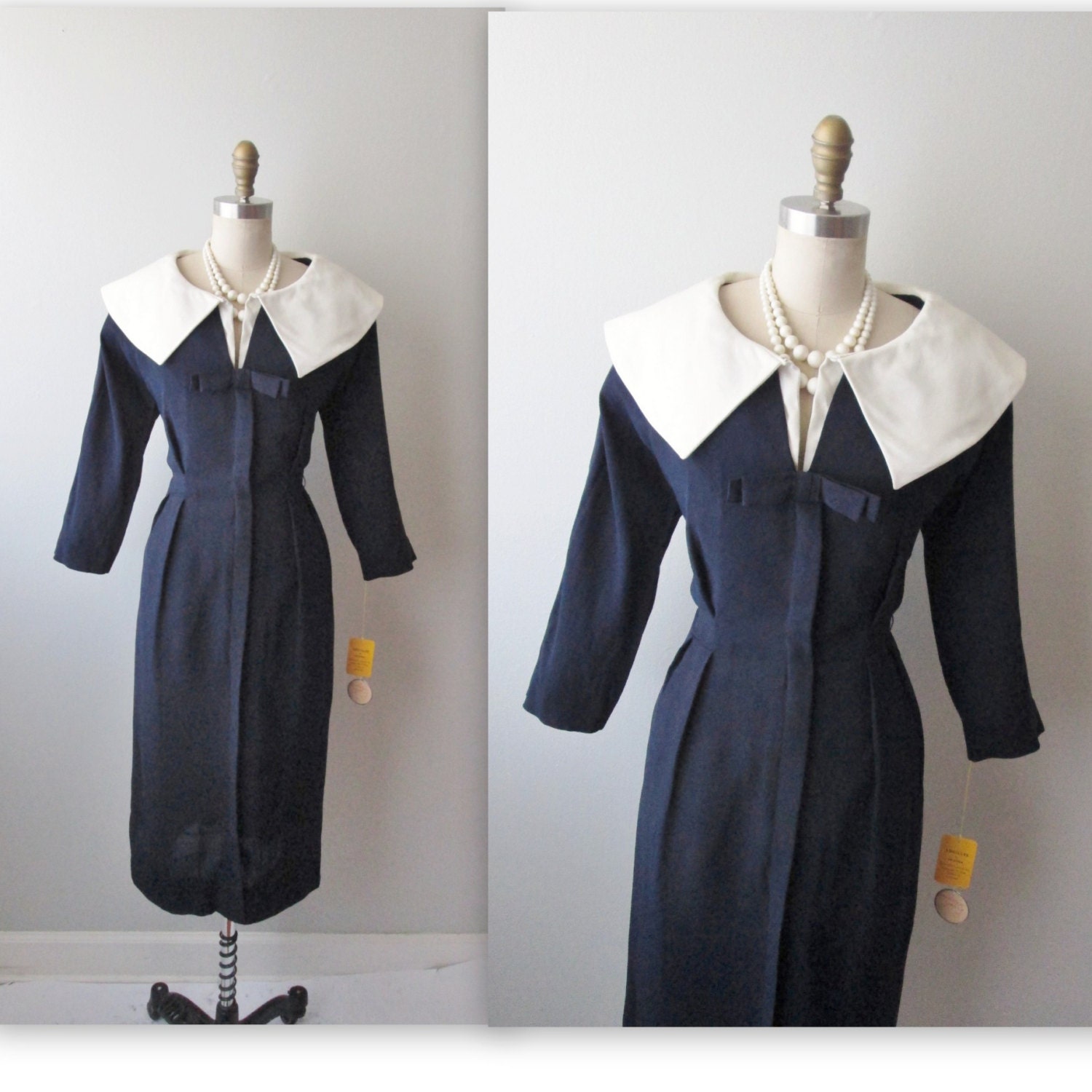 50s Dress //  Vintage 1950s Navy Rayon Fitted Cocktail Party Wiggle Dress Tags NWT Deadstock NOS L