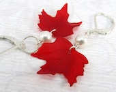 Canada Day Earrings Red Maple Leaf White Pearl Silver