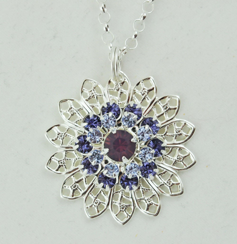 Swarovski Necklace, Sunflower Filigree in Purple Passion, Silver Flower, Swarovski Crystal, Sterling Silver, Large Pendant, Charm Necklace