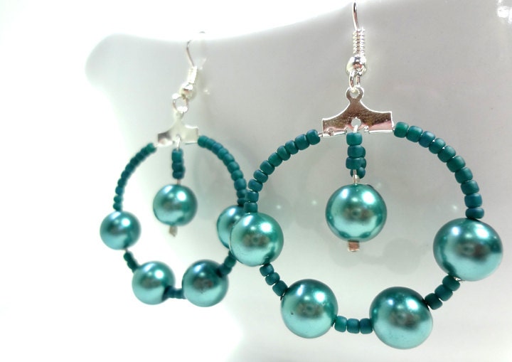 Teal Green Emerald Glass Pearl Dangle Hoop Earrings on Silver Plated Hooks or Clip Ons