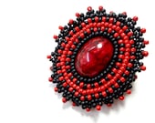 Red and Black Beaded Brooch Jewelry Pin for Hats Scarves or Jackets - MegansBeadedDesigns