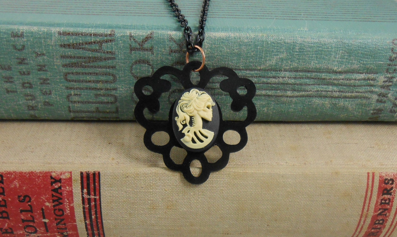 LP Vinyl Record Medallion Necklace with Skull. Recycled. Ode to Alexander McQueen