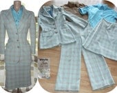 Vintage 70s 5 Piece Ladies Leisure Suit Set Blue & Tan 8 Houndstooth MOD 2 Blouse Jacket Skirt Pants Set