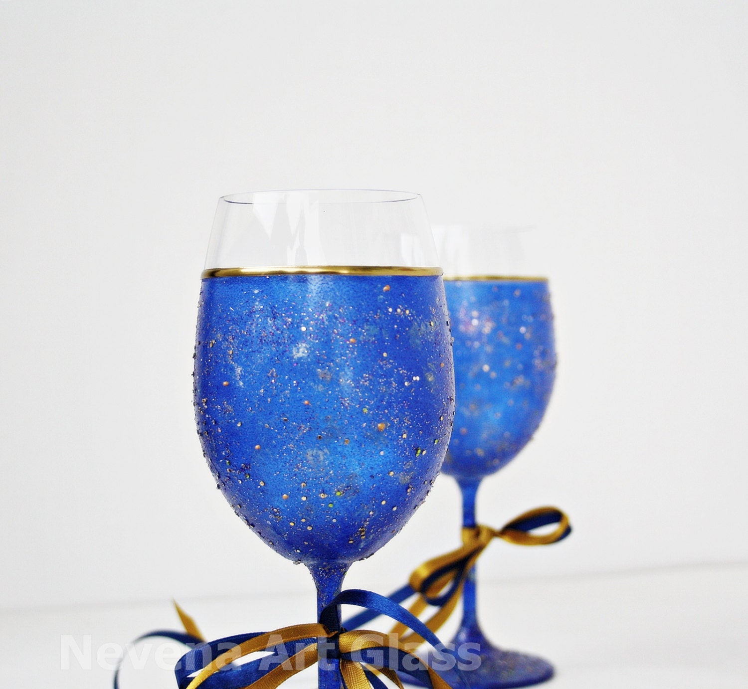 Space Galaxy Constellations Hand Painted Wine Glasses Royal Blue Gold set of 2