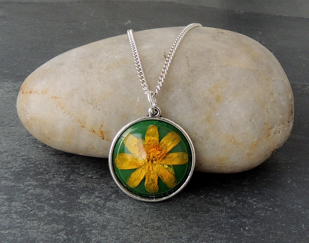 Yellow Flower Necklace - Green Resin Cabochon Pendant, Pressed Flower Botanical Jewelry