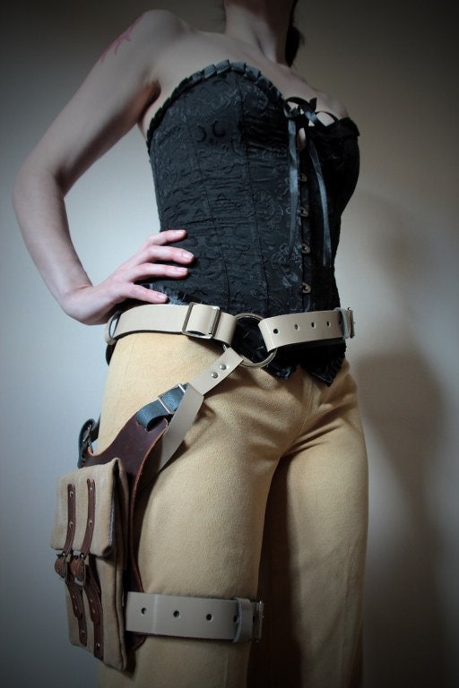 Unisex Thigh Holster Bag - Patent Biscuit, Brown, Vintage Brown Canvas - festival - burning man, Please read Description for size