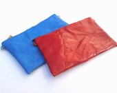 Red / Blue leather purse, women Clutch, cosmetic bag, leather makeup bag, small wallet, pouch