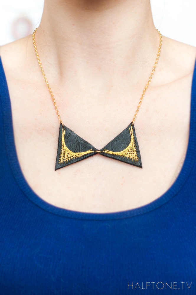 Bow-tie Black Collar Necklace - Gold Stitched Leather Spirograph