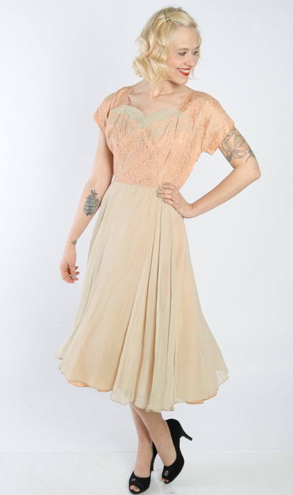 1950s Dress // vintage 1950s chiffon // Champagne Rose