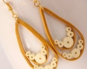 Large Teardrop Earrings Mustard Orange wtih Cream Accents Paper Quilled Eco Friendly Jewelry, Artisan Jewelry